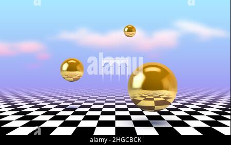 Abstraktes surreales Konzept mit goldenen Kugeln, die im Vaporwave-Stil über karierten Boden fliegen. Ruhiges altes Tor und Wolken im Hintergrund. Stock Vektor