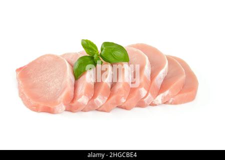 Rohes Schweinefleisch Stücke isoliert auf weißem Hintergrund Stockfoto