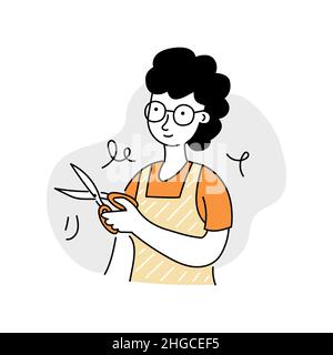 Friseur Frau Charakter mit professionellem Werkzeug und Schürze. Design für Frisur Salon Symbol oder Aufkleber. Doodle-Linienstil. Stock Vektor