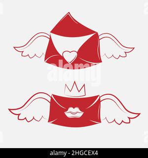 Symbol Silhouette für Valentinstag Umschlag Brief mit Flügeln Herzlippen Krone Vektor isoliert Bild auf weißem Hintergrund. Stock Vektor