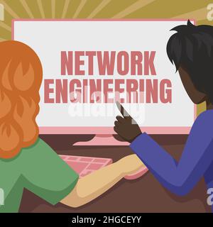 Konzeptunterschrift Network Engineering. Wort geschrieben auf Profi, der die Fähigkeiten hat, um das Netz Paar Zeichnung mit Desktop-Computer zu beaufsichtigen Stockfoto