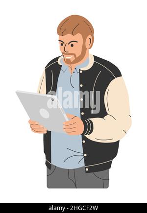 Bärtige Modische Mann Hält Tablet-Computer. Stock Vektor