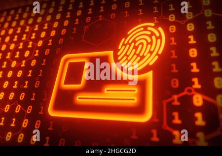 Fingerabdruck-Scanning entsperren und Zugriff auf das Unternehmensdatennetzwerk. Biometrische Identifizierung und Cybersicherheit schützen Geschäftstransaktionen vor Online-Transaktionen Stockfoto