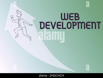Hand schreiben Zeichen Web Development. Business Schaufenster Arbeit an der Entwicklung einer Website für das Internet beteiligt Illustration von Happy Businessman Running Stockfoto