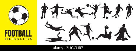 Fußball-Vektorelemente. Silhouetten von Fußballspielern. Mittelfeldspieler, Verteidiger, Torhüter und Stürmer isoliert auf weißem Hintergrund Stock Vektor