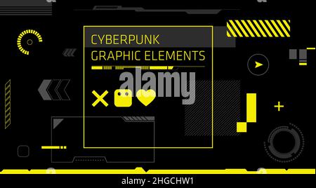 Moderne Technologie abstrakte Grafik mit gelben Elementen und schwarzem Hintergrund. Abstraktes High-Tech-Banner. Digitaler Bildschirm mit HUD-Elementen. Futuristisch Stock Vektor