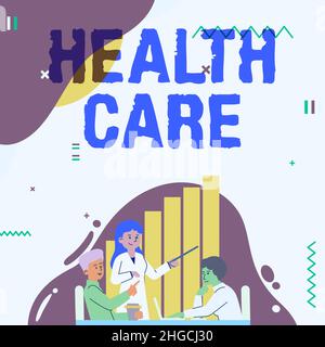 Textschild mit dem Hinweis auf das Gesundheitswesen. Internet-Konzept organisierte die Bereitstellung von medizinischer Versorgung für Einzelpersonen oder Gemeinschaft Lady Drawing erklärt ihr Stockfoto