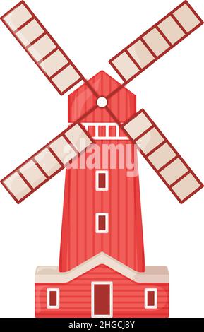Konzept Landhaus rote Mühle Gebäude, moderne Farmscheune auf grünen Bauernhof Feld Grundstück Cartoon-Vektor-Illustration, isoliert auf weiß. Großer Ranchprozess Stock Vektor
