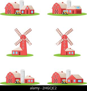 Set von Landhaus mit roter Mühle, Bauernhof Scheune und Getreidespeicher Gebäude auf grünen Bauernhof Feld Grundstück Cartoon Vektorgrafik, isoliert auf weiß. Modern, klar Stock Vektor