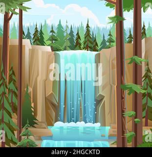 Nördliche Sommerlandschaft mit Wasserfall zwischen Felsen. Hohe Kiefern im Nadelwald. Kaskade schimmert nach unten. Fließendes Wasser. Schöner Cartoon-Stil. F Stock Vektor