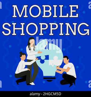 Konzeptunterschrift Mobile Shopping. Internet-Konzept zum Kauf von Waren mit einem Mobiltelefon Mitarbeiter Zeichnung einander helfen Gebäude durchgeführt Stockfoto