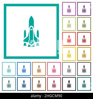 Space Shuttle mit Flach-Farbsymbolen von Trägerraketen mit Quadranten-Rahmen auf weißem Hintergrund Stock Vektor