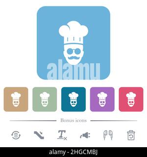 Meisterkoch mit Gläsern und weißen flachen Schnurrbart-Symbolen auf abgerundeten quadratischen Hintergründen. 6 Bonus-Symbole enthalten Stock Vektor