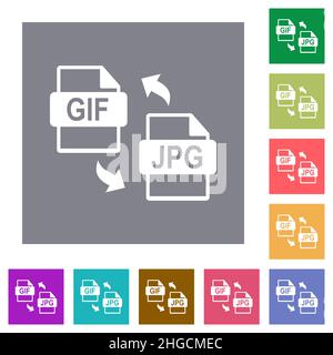 GIF JPG-Dateikonvertierung flache Symbole auf einfachen farbigen quadratischen Hintergründen Stock Vektor