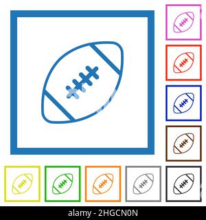 Rugby-Ball umreißt flache Farbsymbole in quadratischen Rahmen auf weißem Hintergrund Stock Vektor