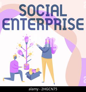 Textunterschrift mit Darstellung von Social Enterprise. Word for IT ist ein Unternehmen, das bestimmte zivile Ziele hat Mann und Frau zeichnen stehend knieend Stockfoto