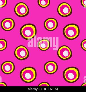 Neon Pink Hintergrund mit gelben und schwarzen Kreisen. Abstraktes Nahtloses Retro-Muster. Leuchtende Neonfarben Stock Vektor