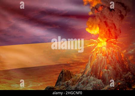Stratovulkan Explosion Eruption in der Nacht mit Explosion auf ruandische Flagge Hintergrund, Probleme wegen der Katastrophe und Vulkanasche Konzept - 3D illustrative Stockfoto