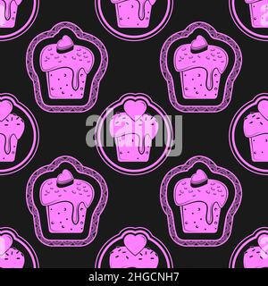 Nahtlose Muster Cupcakes rosa auf schwarzem Hintergrund Vektorbild Stock Vektor