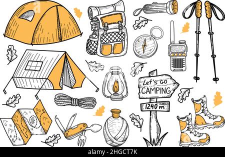 Camping-Kit mit handgezeichneten Doodle-Stil-Elementen. Gegenstände für Tourismus und Erholung. Isoliertes Element auf weißem Hintergrund. Stock Vektor