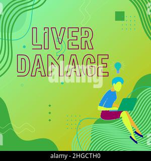 Handschrift Zeichen Leberschäden. Geschäftsidee jede Störung der Leberzirrhose oder Narbenbildung der Leberfrau, die aktiv mit Laptop sitzt Stockfoto