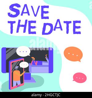 Schreiben des angezeigten Texts Save the Date. Geschäftsansatz die Organisation von Veranstaltungen macht den Tag zu etwas Besonderem zwei Kollegen, die sich mit Gedanken austauschen Stockfoto