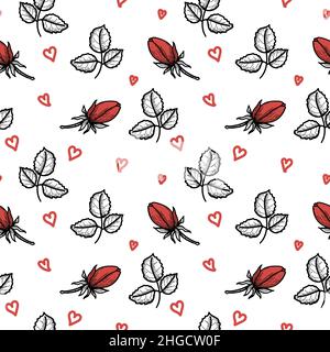 Nahtloses Rosenknospen-Muster, handgezeichnete Elemente im Doodle-Stil. Rote Rosen und Blätter. Silhouette, Umriss. Blumen. Symbol. Vektorbild von rosa Rosen Stock Vektor