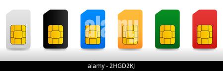 Satz von Farb-SIM-Karten. Design für Mobiltelefon oder Smartphone. Vektordarstellung auf weißem Hintergrund isoliert Stock Vektor