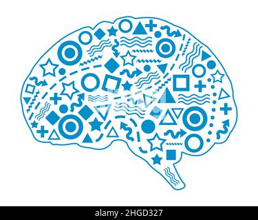 Gehirnsymbol Gefüllt Mit Verschiedenen Symbolen Blau Stockfoto