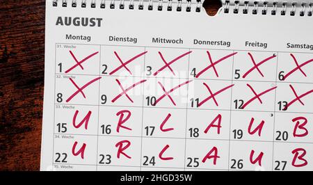 deutscher Kalender mit Urlaub oder Urlaub im august Stockfoto