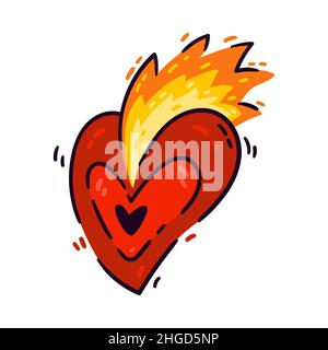 Brennendes Herz mit Flamme. Element for Design valentinstag, 14 Februar. Vektordarstellung Doodle Stil isoliert auf weißem Hintergrund. Stock Vektor