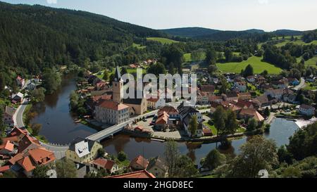 Ansicht von Rozmberk nad Vltavou aus dem Schloss, Südböhmische Region, Tschechische republik, Europa Stockfoto