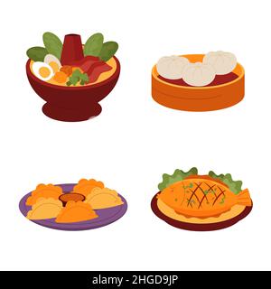 Flat chinese Neujahr Reunion Dinner Food Set Vektor-Illustration. Stock Vektor