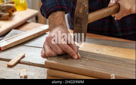 Zimmermann Nagelholz. Männlich Hand halten Hammer und Nagel, Arbeitstisch Tisch Hintergrund. DIY, Hausreparatur und Reparatur. Stockfoto