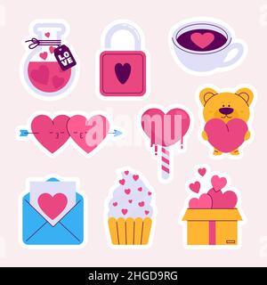 Flache Valentinstag Aufkleber Set Vektor Illustration. Stock Vektor