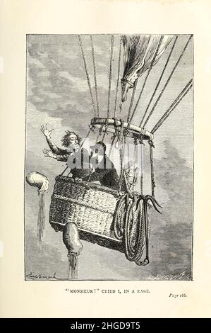 Monsieur! Cried I, in a Rasery von Émile-Antoine Bayard aus ' A Drama in the Air ' (französisch: ''UN drame dans les Airs'') ist eine Abenteuer-Kurzgeschichte von Jules Verne. Die Geschichte wurde erstmals im August 1851 unter dem Titel „Wissenschaft für Familien“ veröffentlicht. Eine Reise im Ballon“ („La Science en famille. UN voyage en ballon') im Musée des familles. 1874 wurde es mit sechs Illustrationen in Doctor Ox aufgenommen, der einzigen Sammlung von Jules Vernes Kurzgeschichten, die zu Vernes Lebzeiten veröffentlicht wurde. Eine englische Übersetzung von Anne T. Wilbur, veröffentlicht im Mai 1852 in Sartain's Union Magazine of Literature, Mark Stockfoto