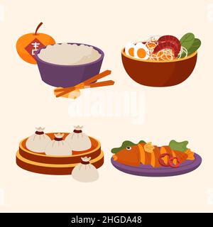 Flat chinese Neujahr Reunion Dinner Food Set Vektor-Illustration. Stock Vektor