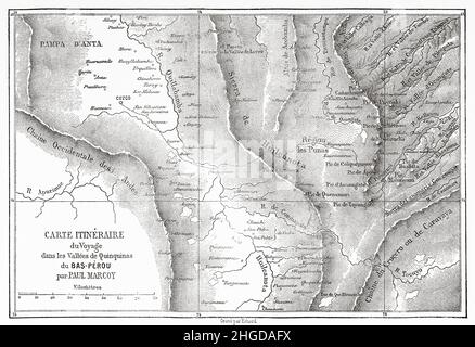 Alte Reiseroute Karte der Reise in den Quinquinas Tälern im Süden Perus. Südamerika. Alte, 19th. Jahrhundert gravierte Illustration von der Reise durch Südamerika von Paul Marcoy, Le Tour du Monde 1870 Stockfoto