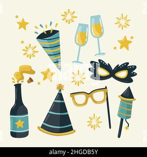 Flache Silvester Elemente Set Vektor Illustration. Stock Vektor