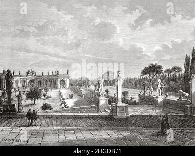 Terrassen mit Statuen und Galerien der Villa Albani. Villa Albani-Castelbarco, Rom. Italien, Europa. Alte, gravierte Illustration aus dem 19th. Jahrhundert von Francis Wey, Le Tour du Monde 1870 Stockfoto