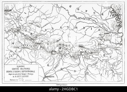 Karte die slawonische Militärgrenze an der kroatischen Militärgrenze und Nordbosnien, Europa. Alte, gravierte Illustration aus dem 19th. Jahrhundert von der Reise zu den Südslawen von Georges Perrot, Le Tour du Monde 1870 Stockfoto