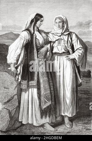 Bosnische Frauen griechischer Religion, bosnische Militärgrenze, Bosnien, Europa. Alte, gravierte Illustration aus dem 19th. Jahrhundert von der Reise zu den Südslawen von Georges Perrot, Le Tour du Monde 1870 Stockfoto