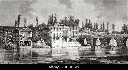 Brücke über den Fluss Jhelum, Srinagar, Jammu & Srinagar. Indien, Asien. Alte, gravierte Illustration aus dem 19th. Jahrhundert von Trip to Punjab und Kashmir von Guillaume Lejean, Le Tour du Monde 1870 Stockfoto