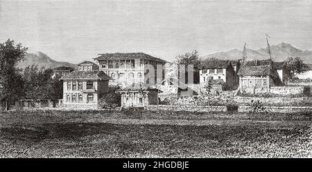 Blick auf einen Vorort von Srinagar, Kaschmir. Indien, Asien. Alte, gravierte Illustration aus dem 19th. Jahrhundert von Trip to Punjab und Kashmir von Guillaume Lejean, Le Tour du Monde 1870 Stockfoto