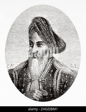 Porträt von Amir-i Kabir. Emir Dost Mohammad Khan Barakzai (1793-1863) war der Gründer der Barakzai-Dynastie und einer der prominenten Herrscher Afghanistans während des ersten anglo-afghanischen Krieges in Asien. Alte, gravierte Illustration aus dem 19th. Jahrhundert von Trip to Punjab und Kashmir von Guillaume Lejean, Le Tour du Monde 1870 Stockfoto