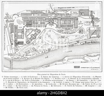 Allgemeiner Plan der Nationalen Ausstellung der italienischen Industrie und des Handels in Turin, die am 26. April 1884, Italien eröffnete. Europa. Alte, gravierte Illustration aus dem 19th. Jahrhundert von La Nature 1884 Stockfoto