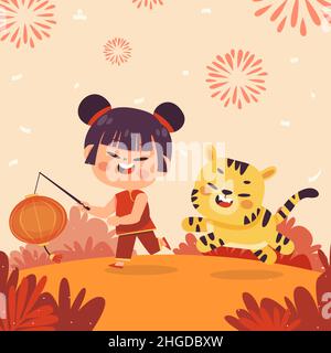 Flache chinesische Neujahr Illustration Vektor Illustration. Stock Vektor