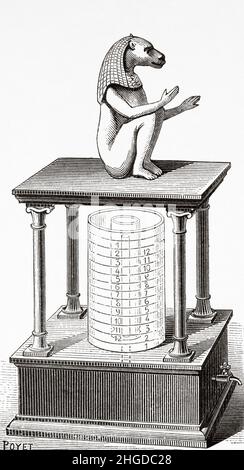 Wasseruhren. Ägyptische Uhr. Alte, gravierte Illustration aus dem 19th. Jahrhundert von La Nature 1884 Stockfoto