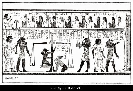 Das Wiegen der Seelen, aus dem ägyptischen Totenbuch. Ägypten. Alte, gravierte Illustration aus dem 19th. Jahrhundert von La Nature 1884 Stockfoto