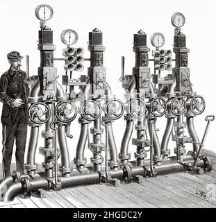 Das pneumatische Telegrafennetz, das pneumatische Rohrsystem im Central Telegraph Office in Paris, Frankreich. Europa. Alte, gravierte Illustration aus dem 19th. Jahrhundert von La Nature 1884 Stockfoto